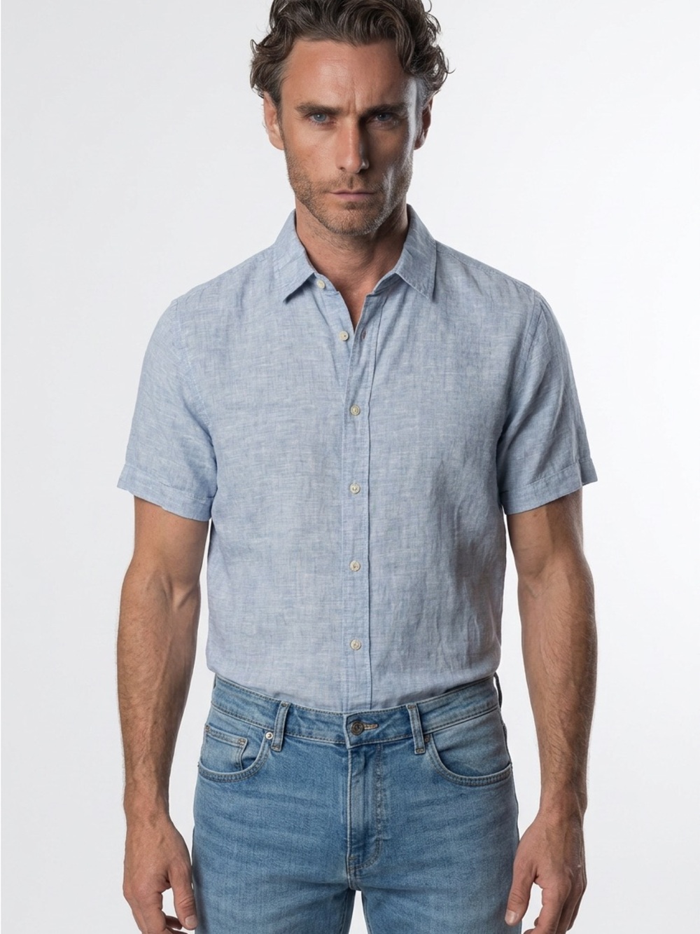 Banana Republic Mens Slim Fit Linen Cotton Short Sleeve Button Down Shirt Blue M